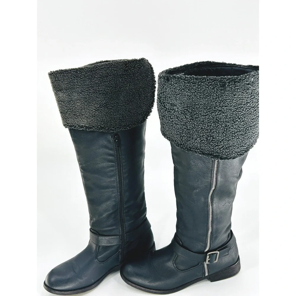 Women's Black Knee-High Winter Boots Shearling Cuff Flat Moto Utility‎ Size 9